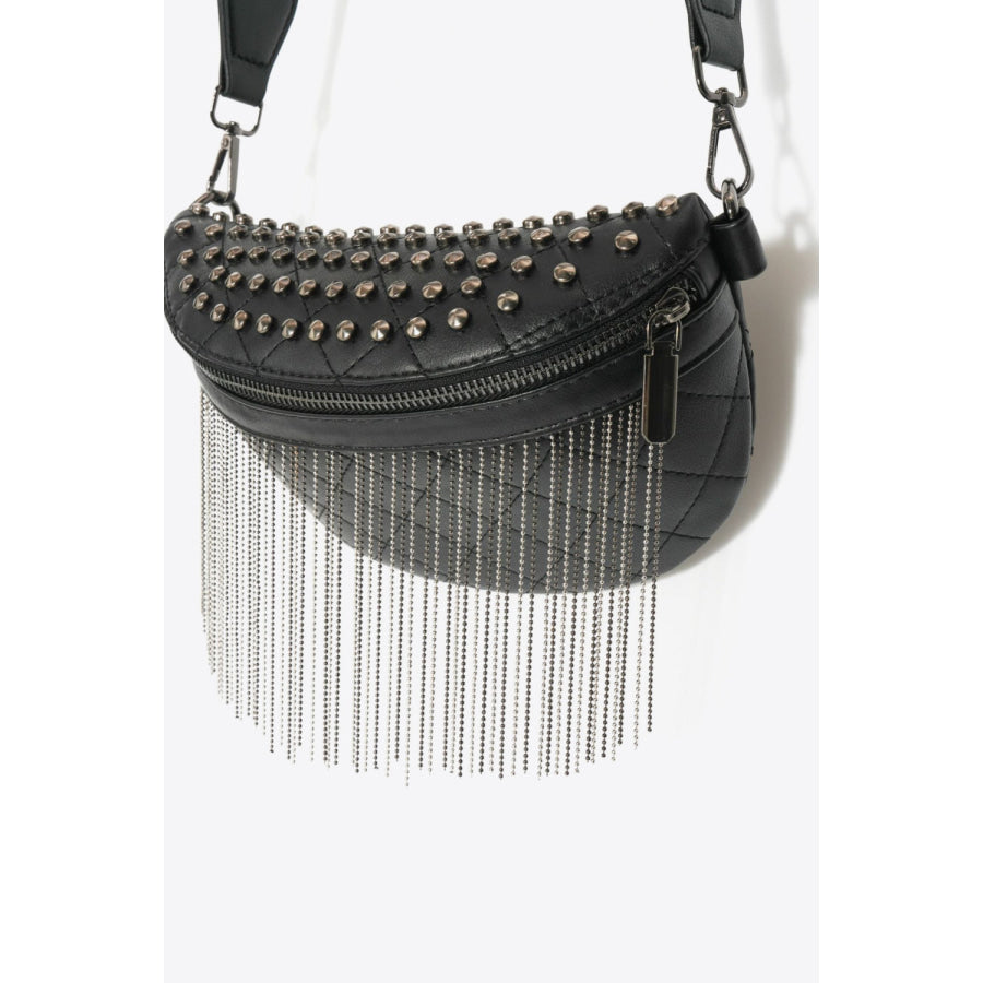 PU Leather Studded Sling Bag with Fringes Apparel and Accessories