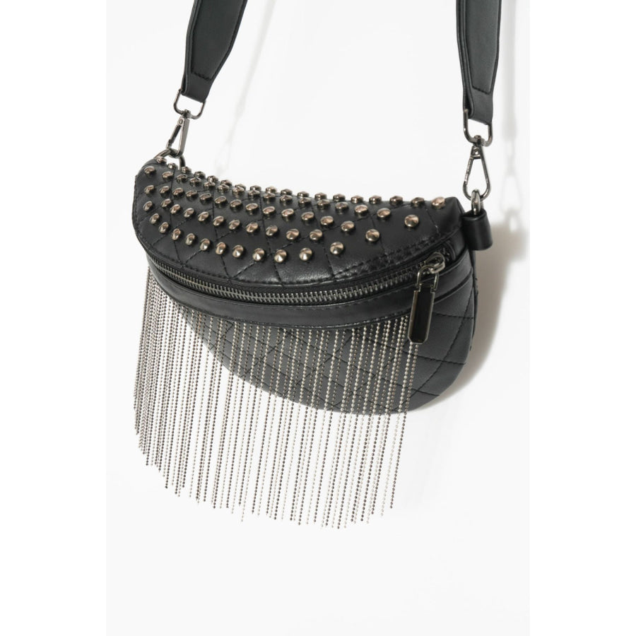 PU Leather Studded Sling Bag with Fringes Apparel and Accessories