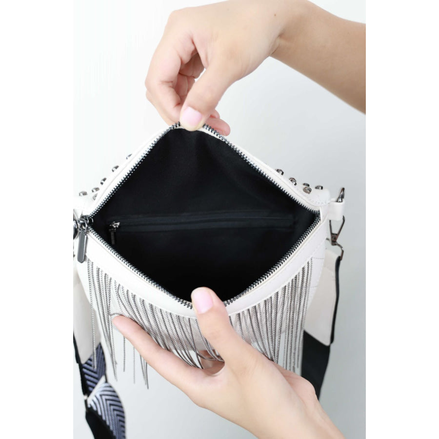 PU Leather Studded Sling Bag with Fringes Apparel and Accessories