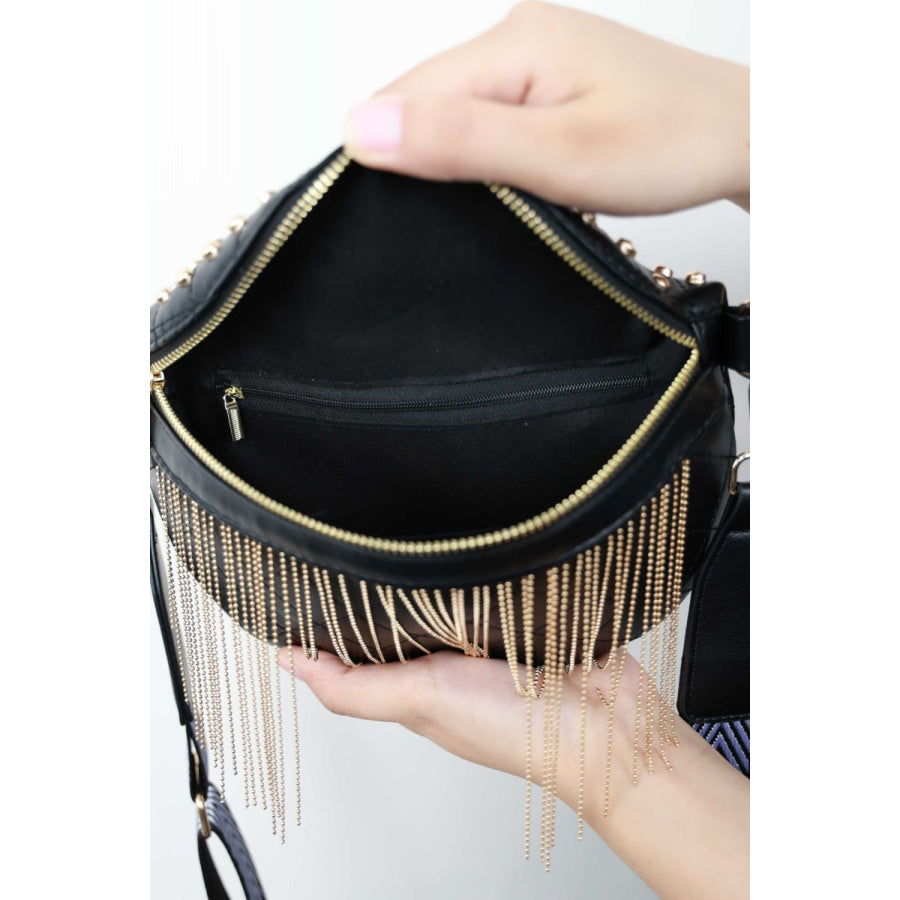 PU Leather Studded Sling Bag with Fringes Apparel and Accessories