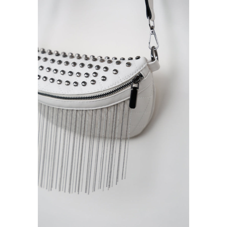 PU Leather Studded Sling Bag with Fringes Apparel and Accessories