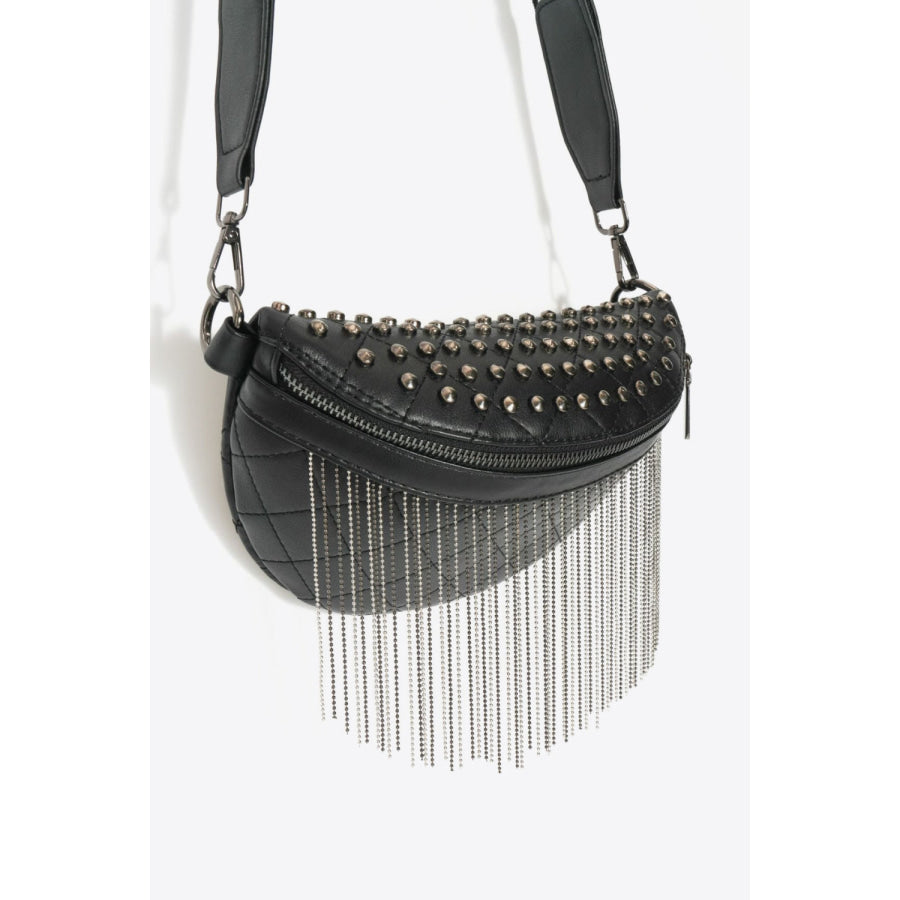 PU Leather Studded Sling Bag with Fringes Apparel and Accessories