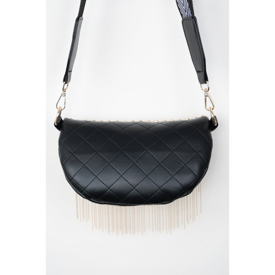 PU Leather Studded Sling Bag with Fringes Apparel and Accessories