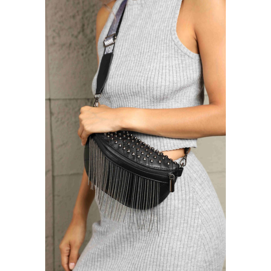 PU Leather Studded Sling Bag with Fringes Black / One Size Apparel and Accessories