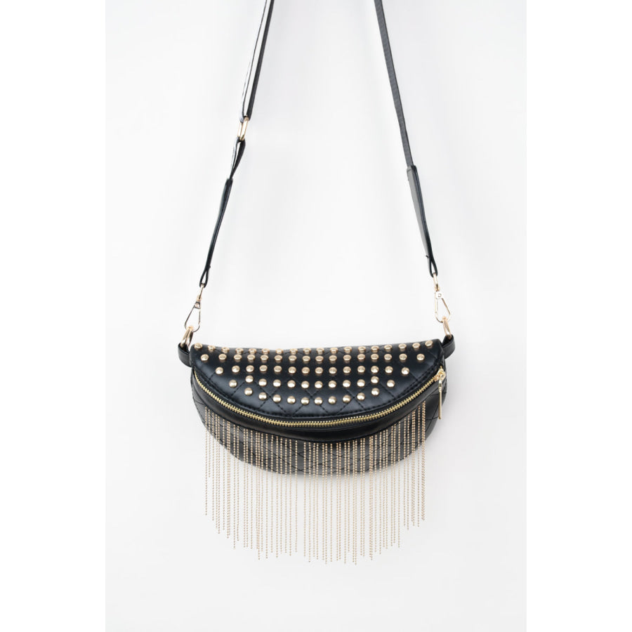 PU Leather Studded Sling Bag with Fringes Gold / One Size Apparel and Accessories