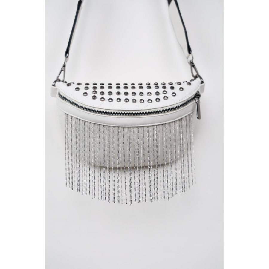 PU Leather Studded Sling Bag with Fringes White / One Size Apparel and Accessories