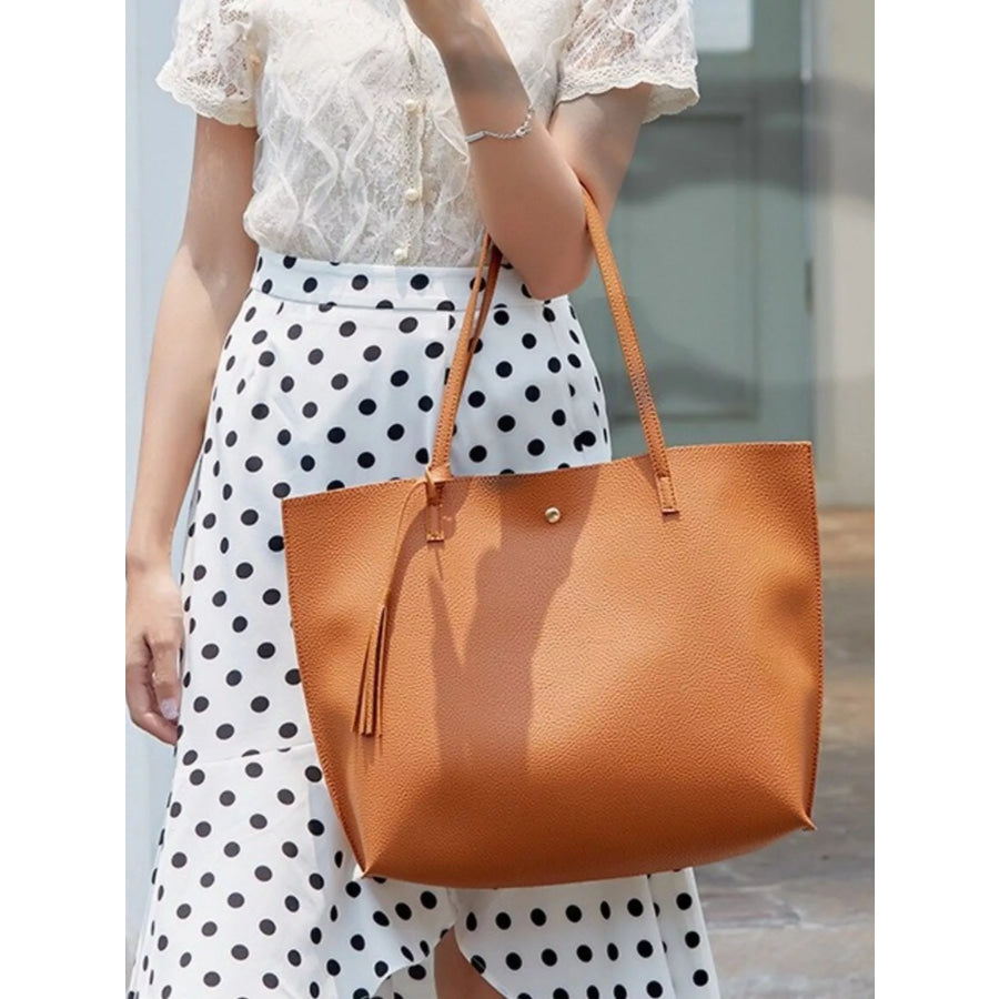 PU Leather Tote Bag with Tassel Light Brown / ONESIZE Apparel and Accessories