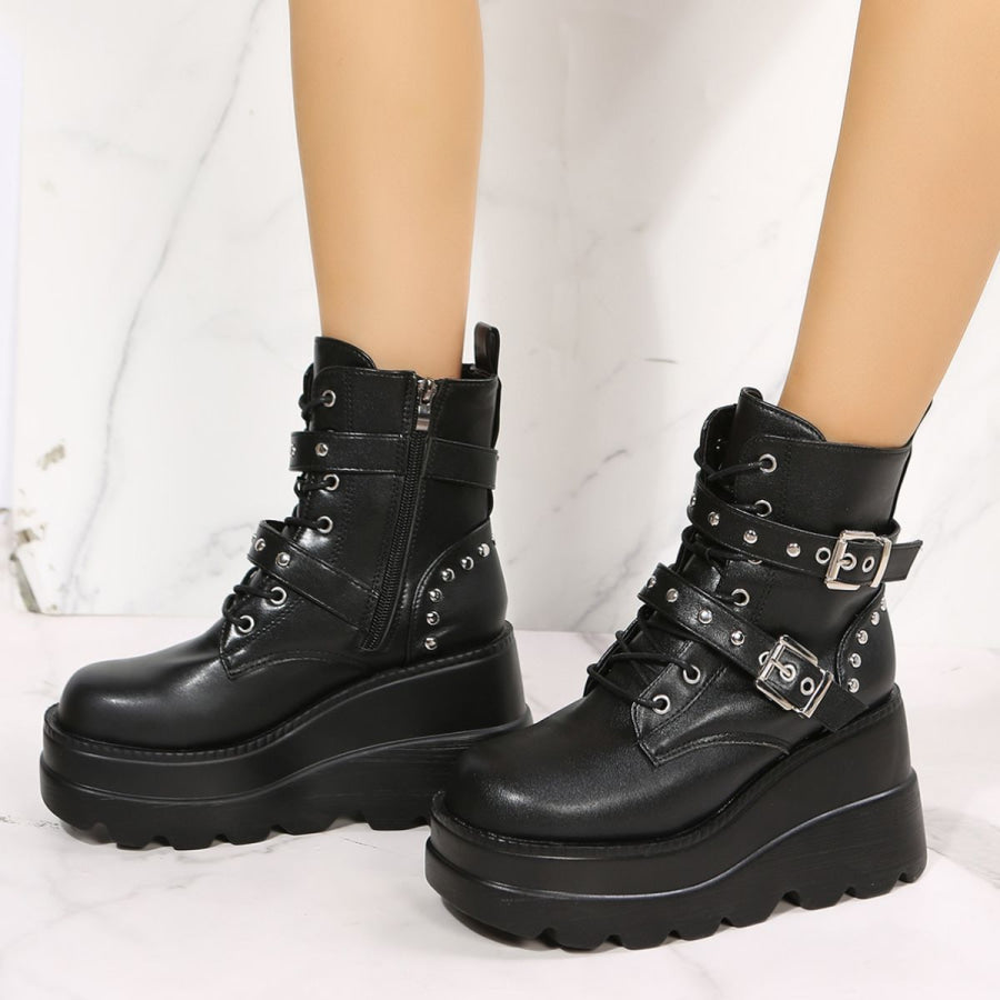 PU Leather Wedge Boots with Side Zip Black / 36(US5) Apparel and Accessories