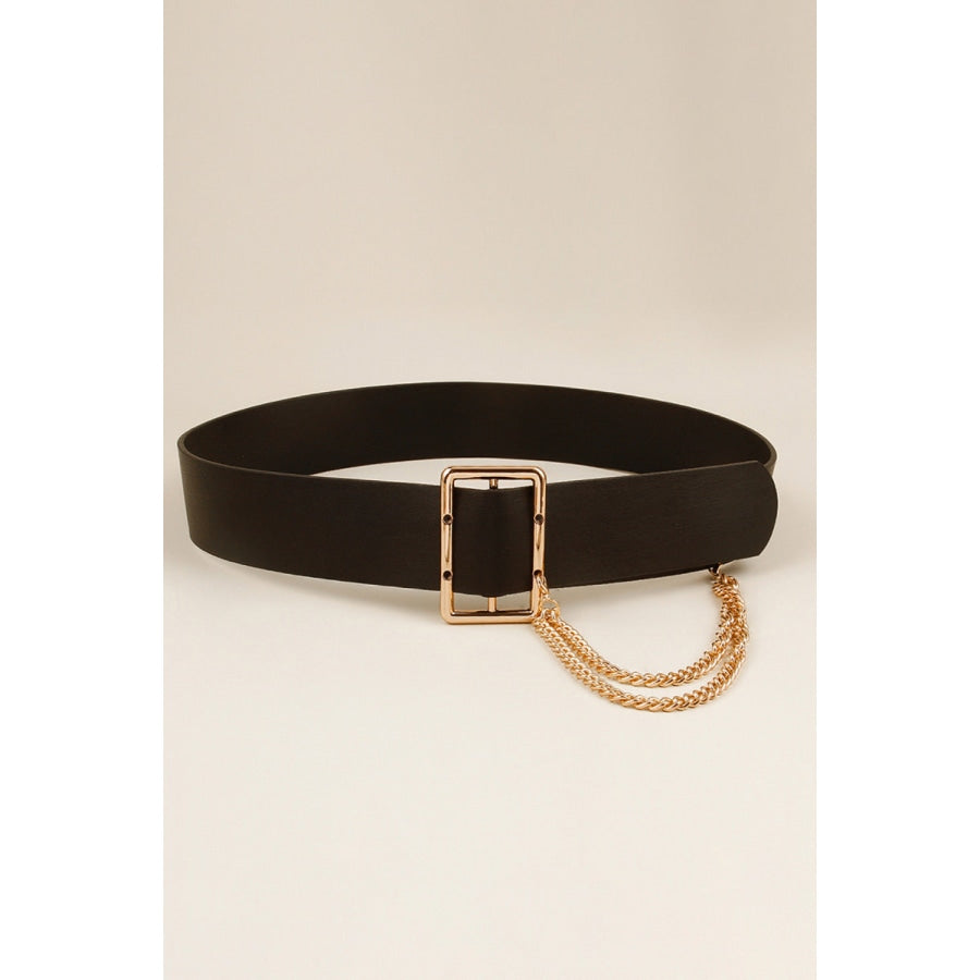 PU Leather Wide Belt with Chain Black / One Size