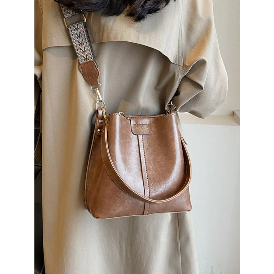 PU Leather Wide Strap Shoulder Bag Khaki / One Size Apparel and Accessories