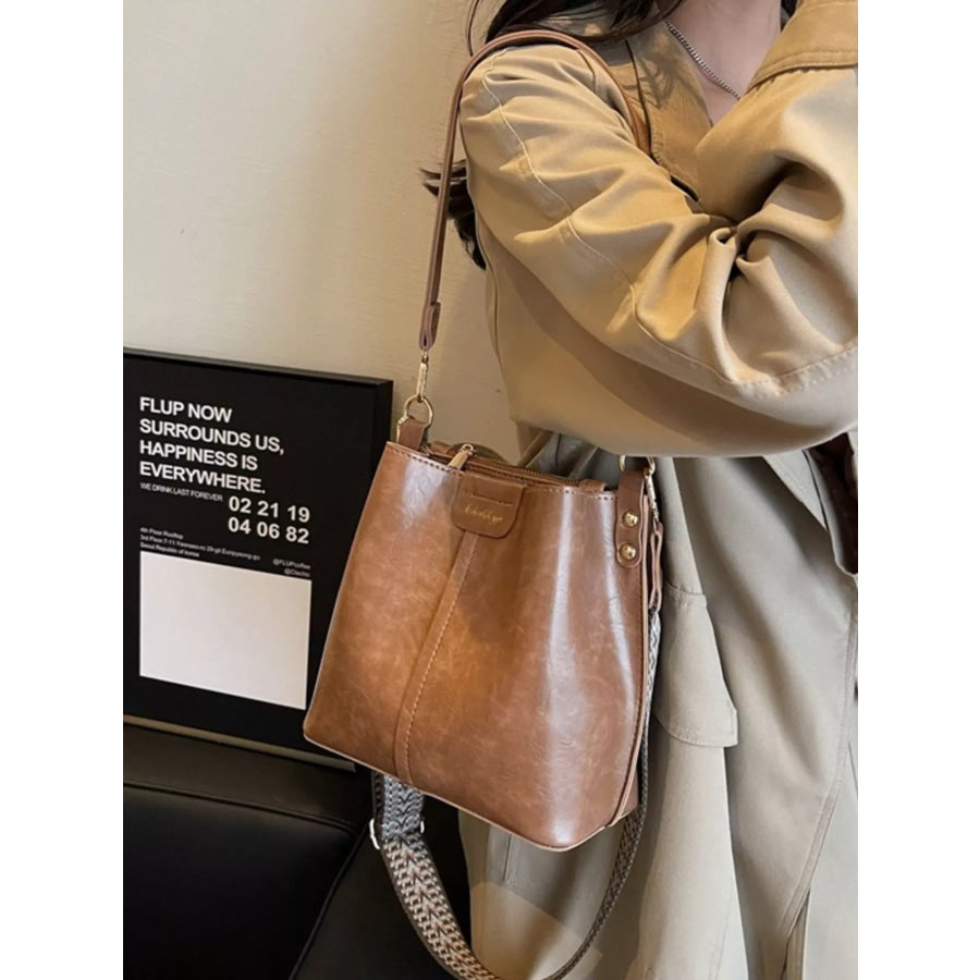 PU Leather Wide Strap Shoulder Bag Khaki / One Size Apparel and Accessories