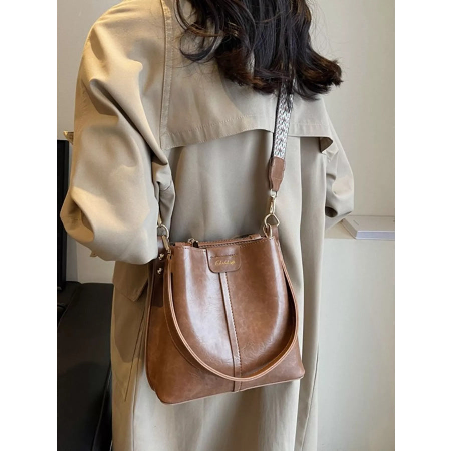 PU Leather Wide Strap Shoulder Bag Khaki / One Size Apparel and Accessories