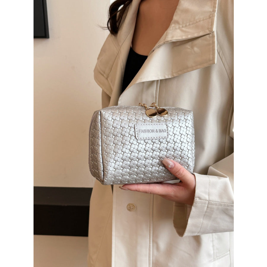 PU Leather Woven Clutch Silver / One Size Apparel and Accessories