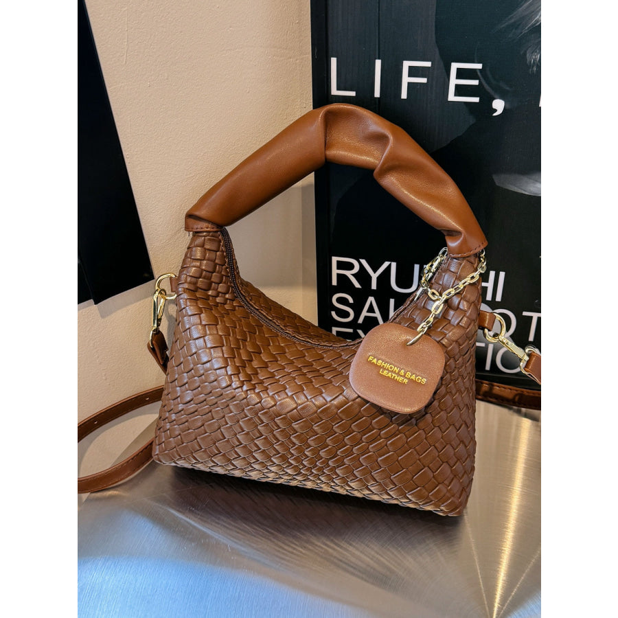 PU Leather Woven Crossbody Bag Brown / One Size Apparel and Accessories