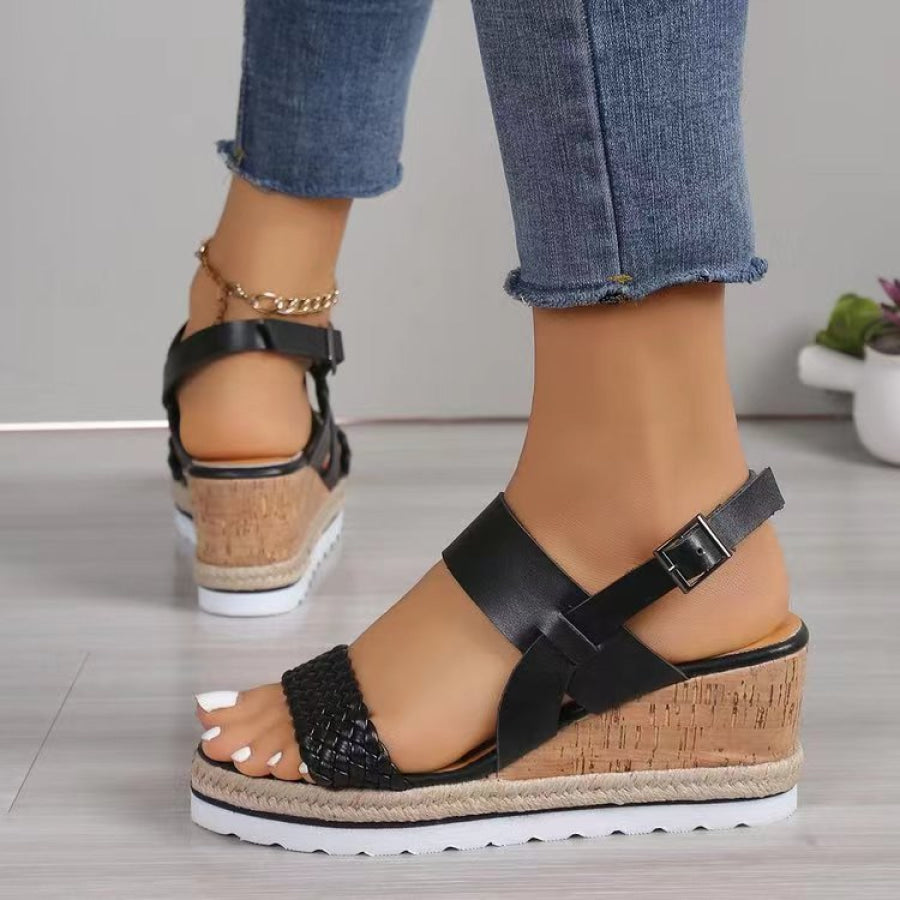PU Leather Woven Wedge Sandals Black / 36(US5) Apparel and Accessories