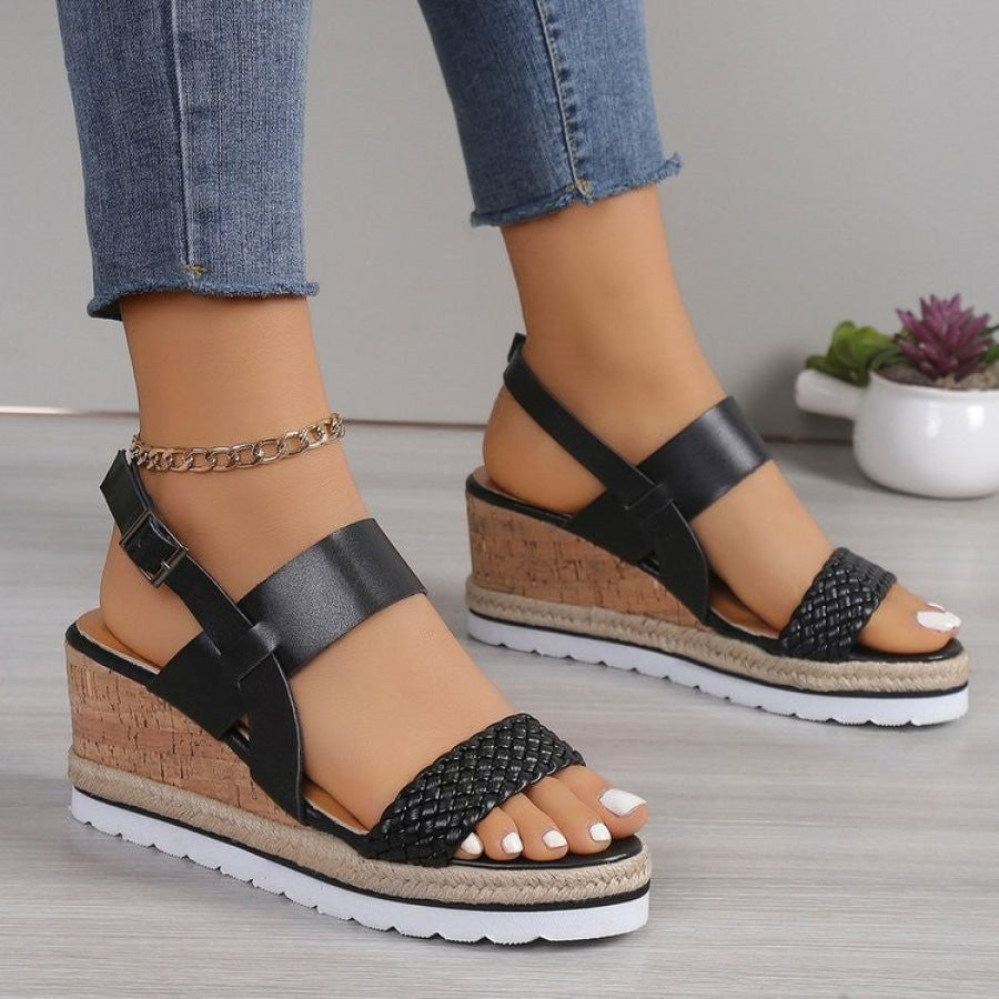 PU Leather Woven Wedge Sandals Black / 36(US5) Apparel and Accessories