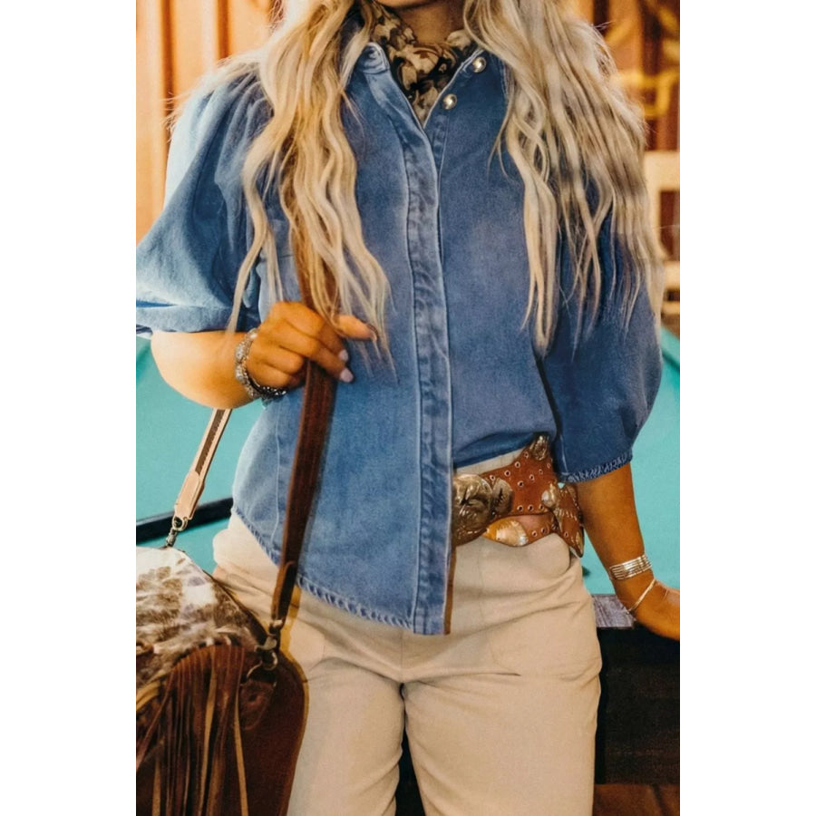 Puff Half Sleeve Collared Denim Shirt Apparel and Accessories