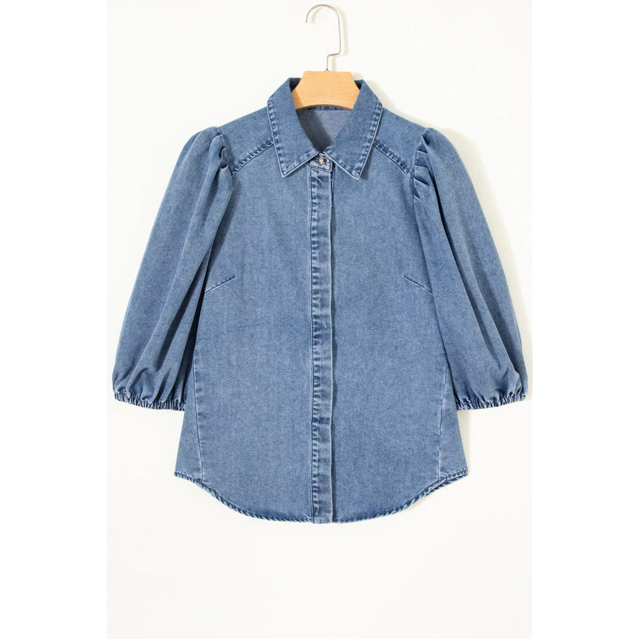Puff Half Sleeve Collared Denim Shirt Apparel and Accessories