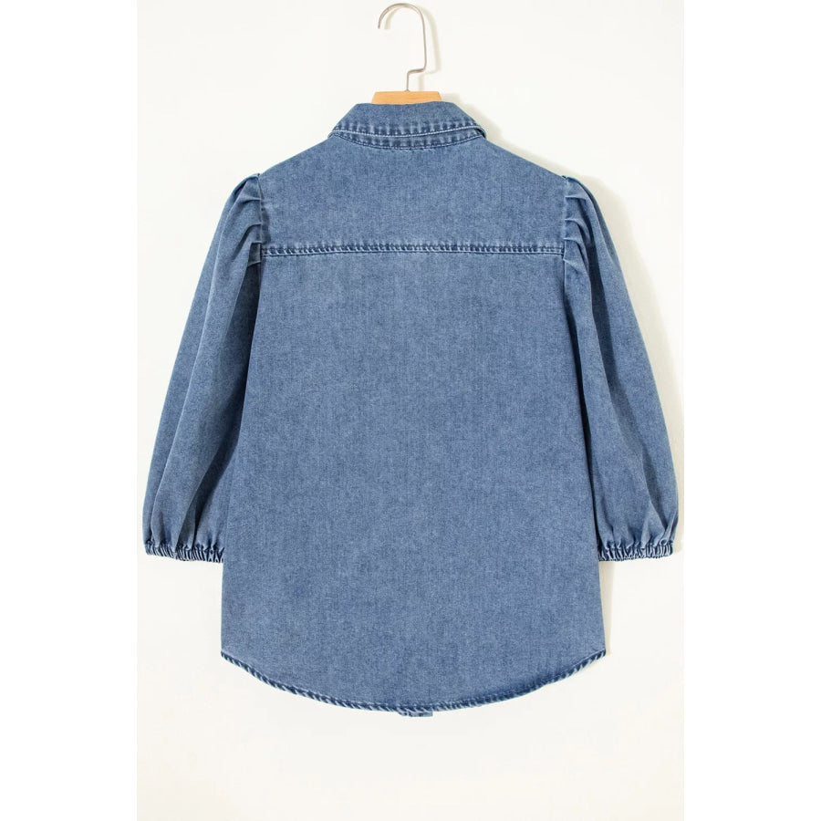 Puff Half Sleeve Collared Denim Shirt Apparel and Accessories