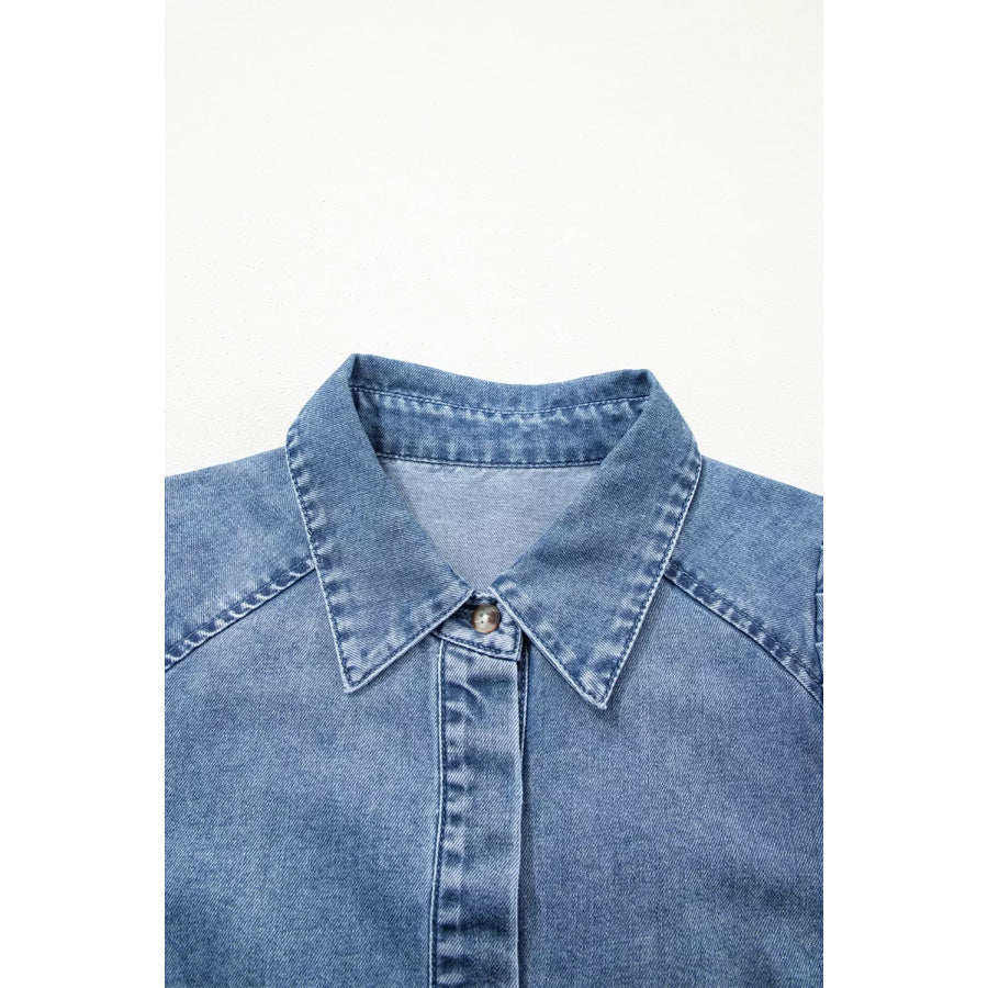 Puff Half Sleeve Collared Denim Shirt Apparel and Accessories