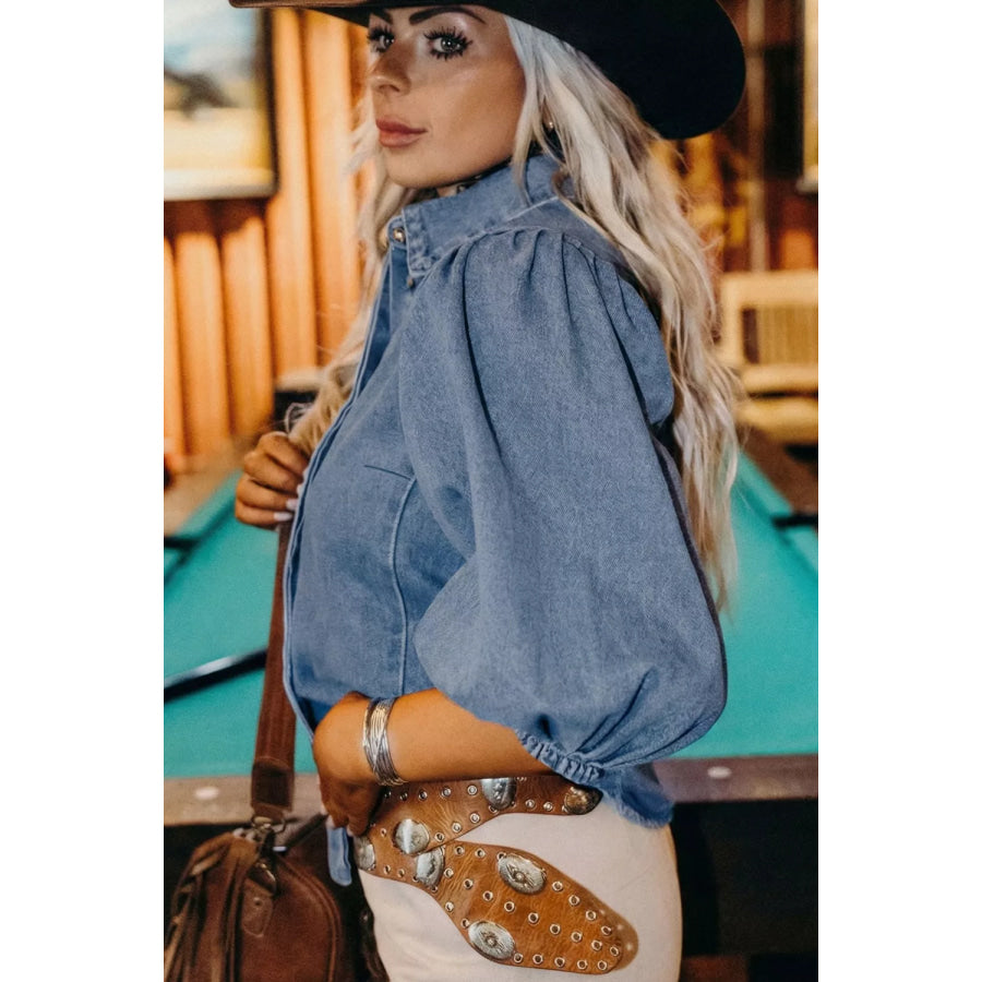Puff Half Sleeve Collared Denim Shirt Apparel and Accessories