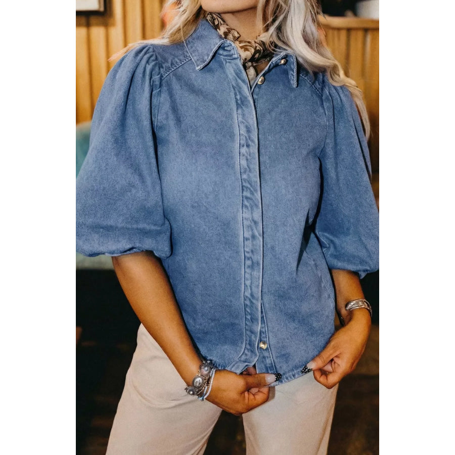 Puff Half Sleeve Collared Denim Shirt Dusty Blue / M Apparel and Accessories