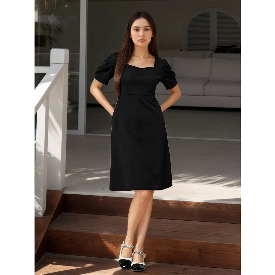 Puff Sleeve Bow Back Mini Dress Apparel and Accessories