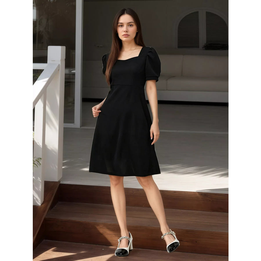Puff Sleeve Bow Back Mini Dress Black / M Apparel and Accessories