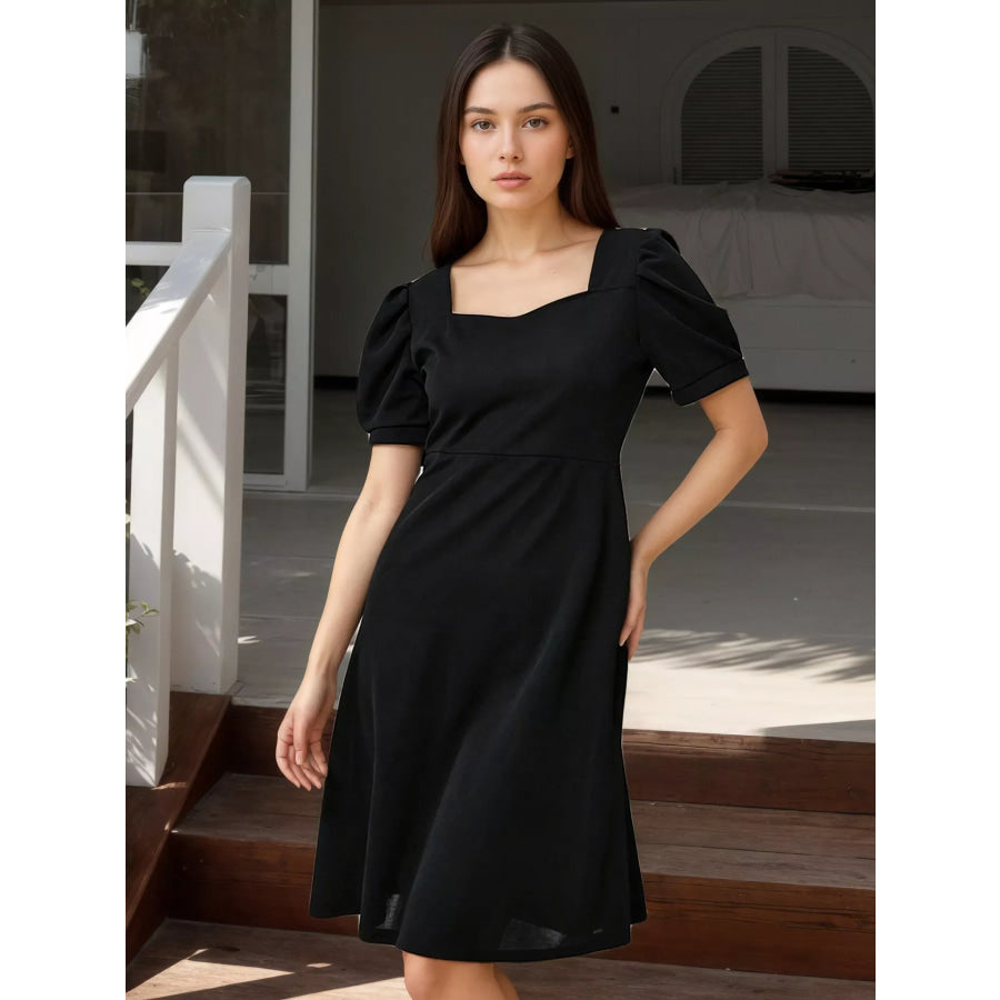 Puff Sleeve Bow Back Mini Dress Black / M Apparel and Accessories