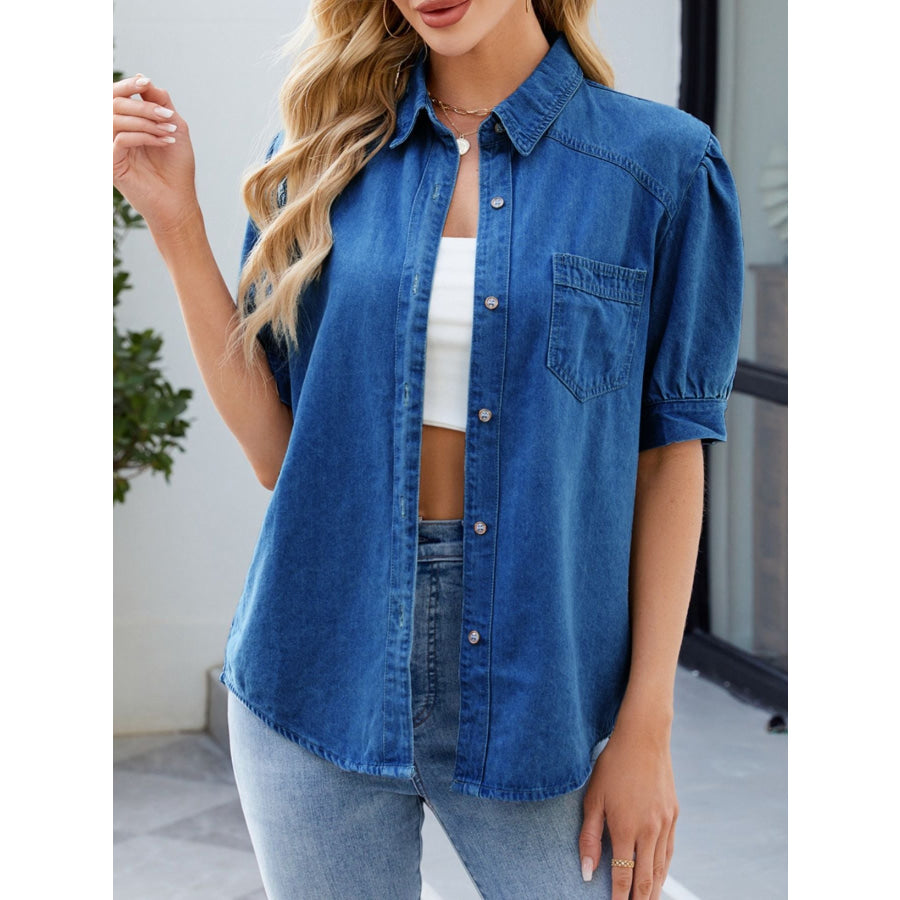 Puff Sleeve Button-Down Denim Shirt Apparel and Accessories