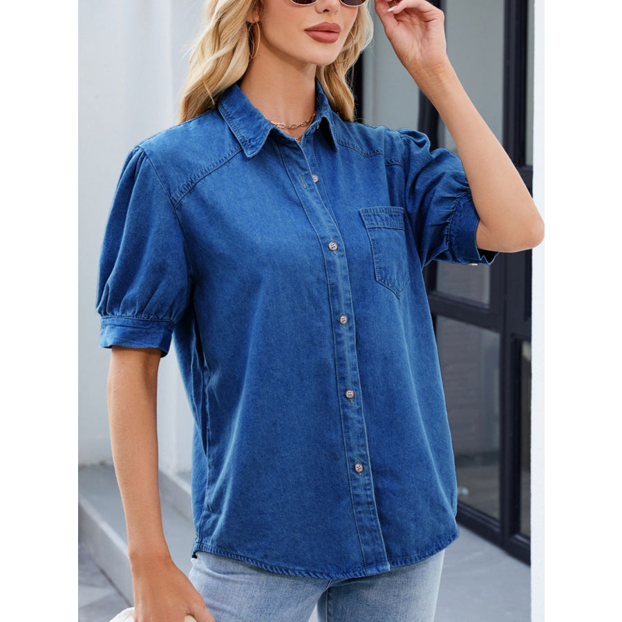 Puff Sleeve Button-Down Denim Shirt Apparel and Accessories