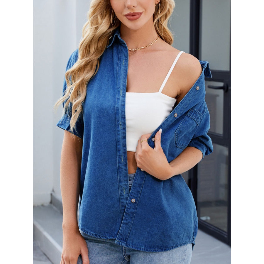 Puff Sleeve Button-Down Denim Shirt Apparel and Accessories