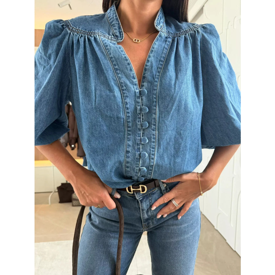 Puff Sleeve Button Front Denim Top Dark Blue / S Apparel and Accessories