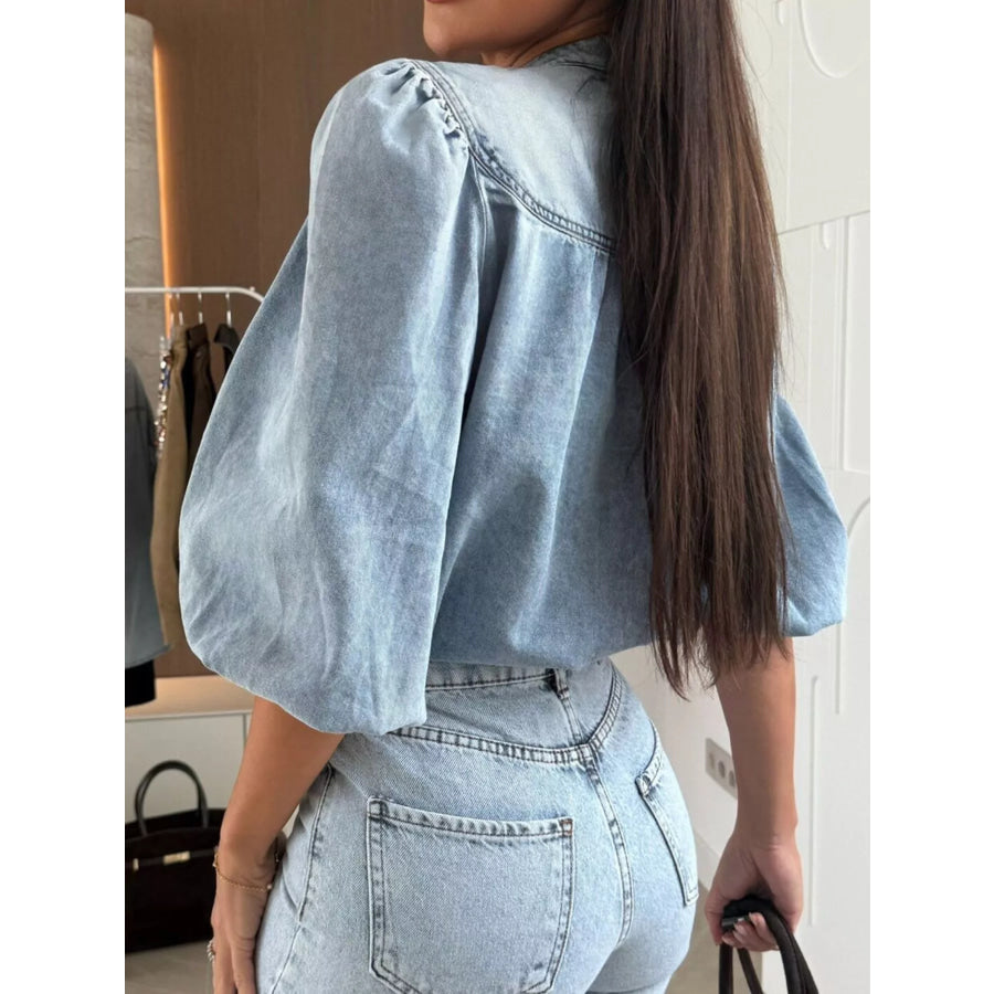 Puff Sleeve Button Front Denim Top Apparel and Accessories