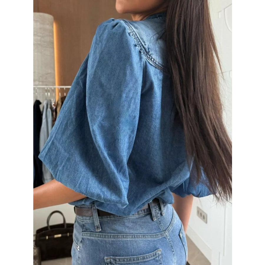 Puff Sleeve Button Front Denim Top Apparel and Accessories