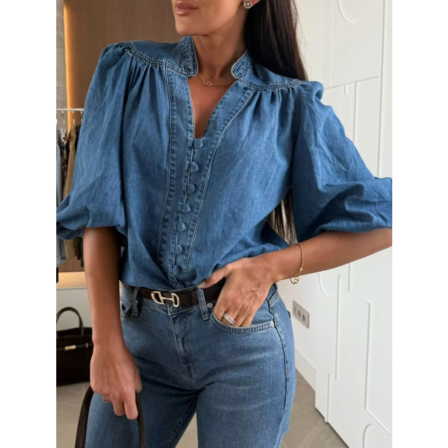 Puff Sleeve Button Front Denim Top Dark Blue / S Apparel and Accessories