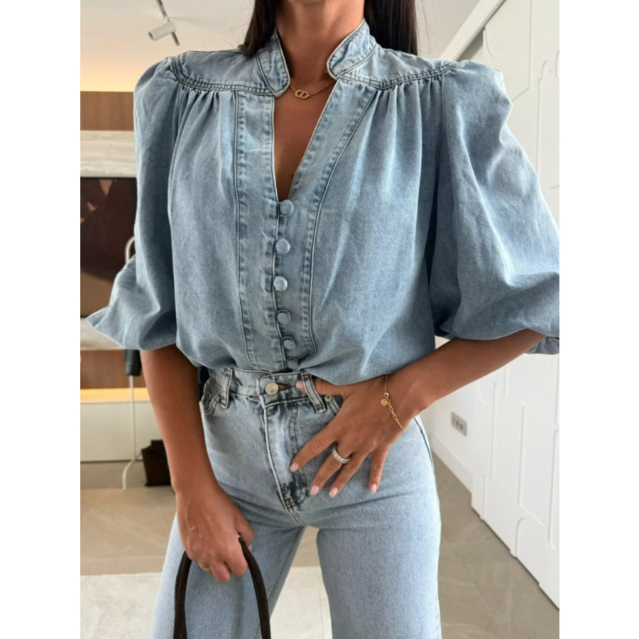 Puff Sleeve Button Front Denim Top Light Blue / S Apparel and Accessories