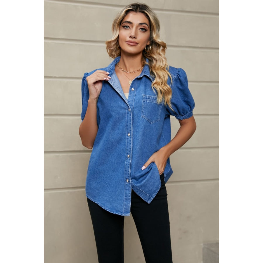 Puff Sleeve Collared Denim Top Royal Blue / S