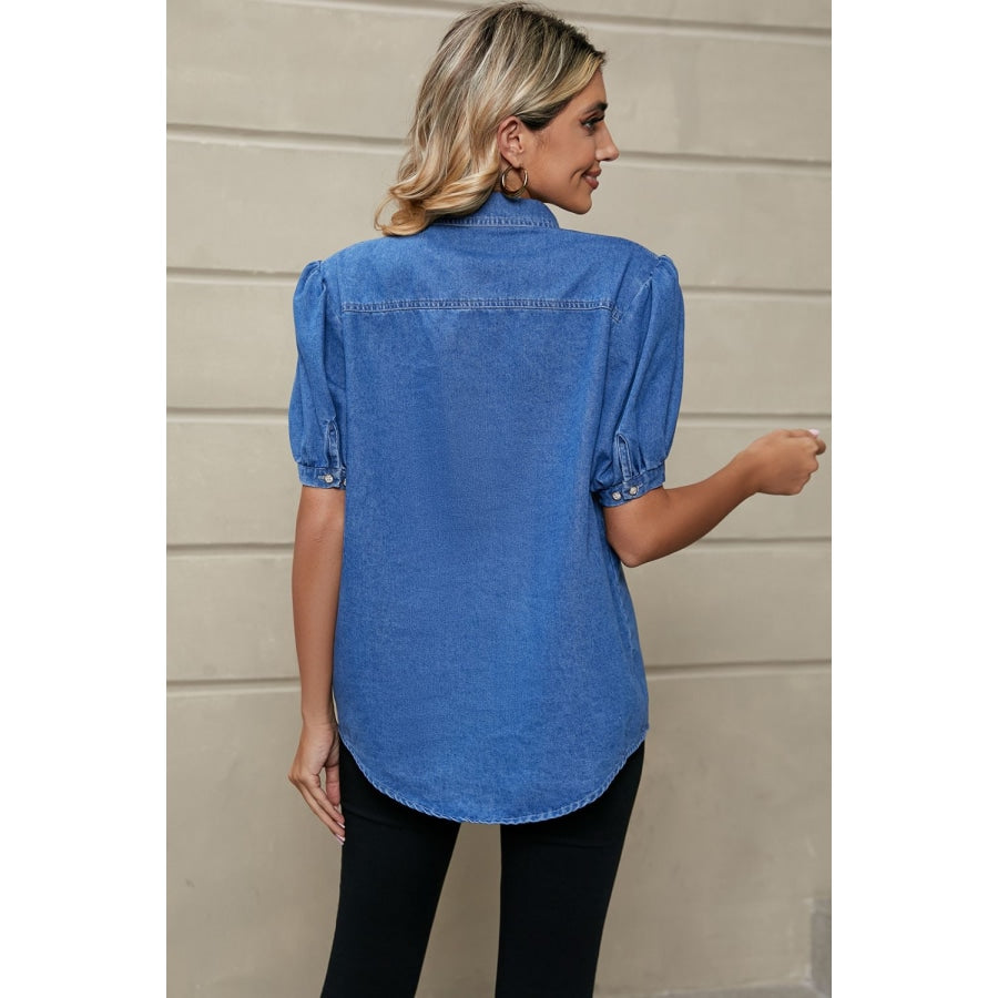 Puff Sleeve Collared Denim Top