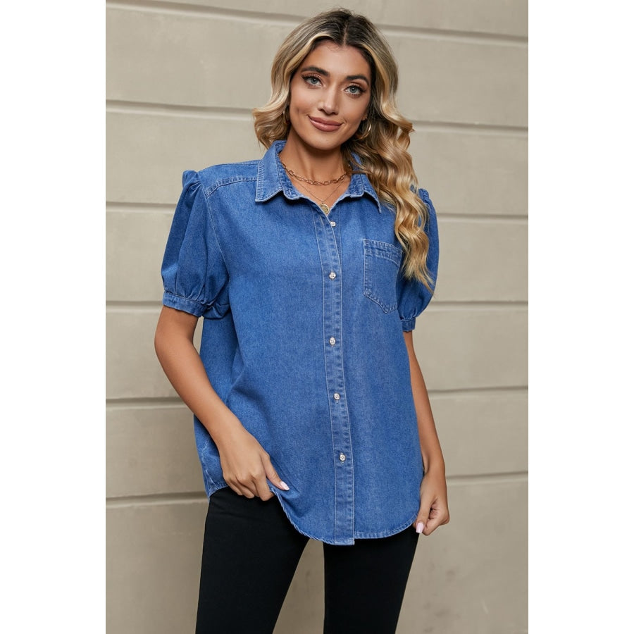 Puff Sleeve Collared Denim Top