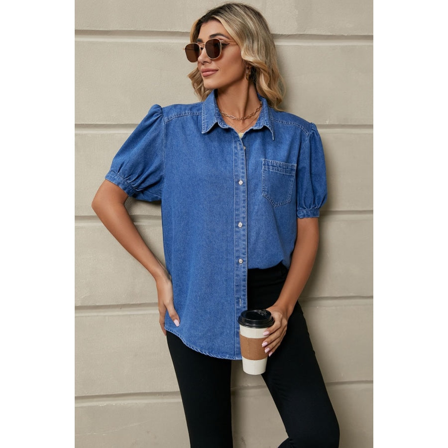 Puff Sleeve Collared Denim Top