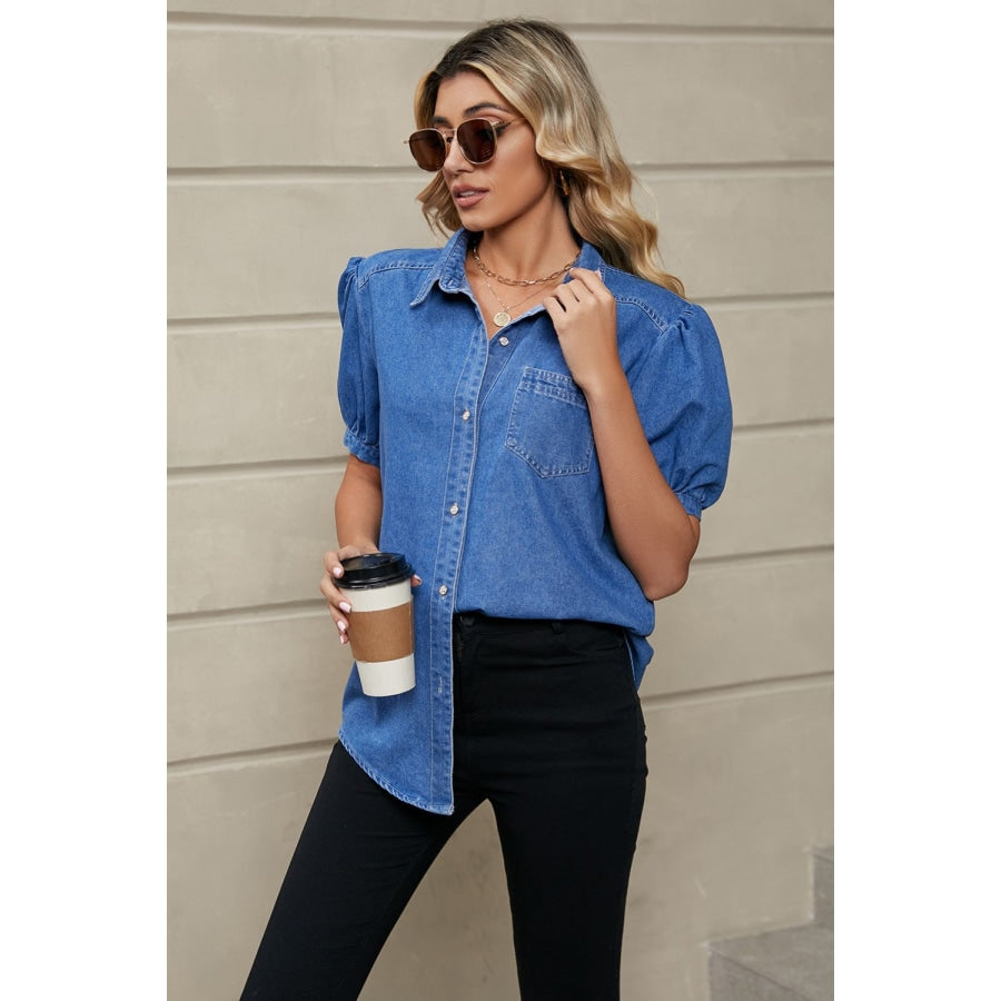 Puff Sleeve Collared Denim Top