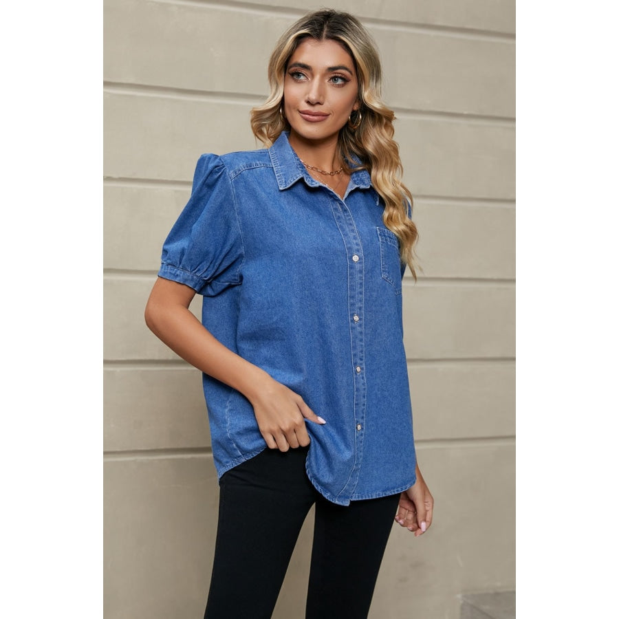 Puff Sleeve Collared Denim Top