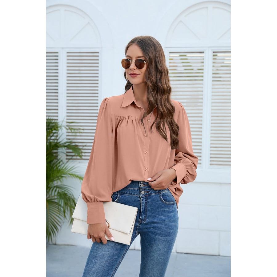 Puff Sleeve Collared Neck Shirt Peach / S