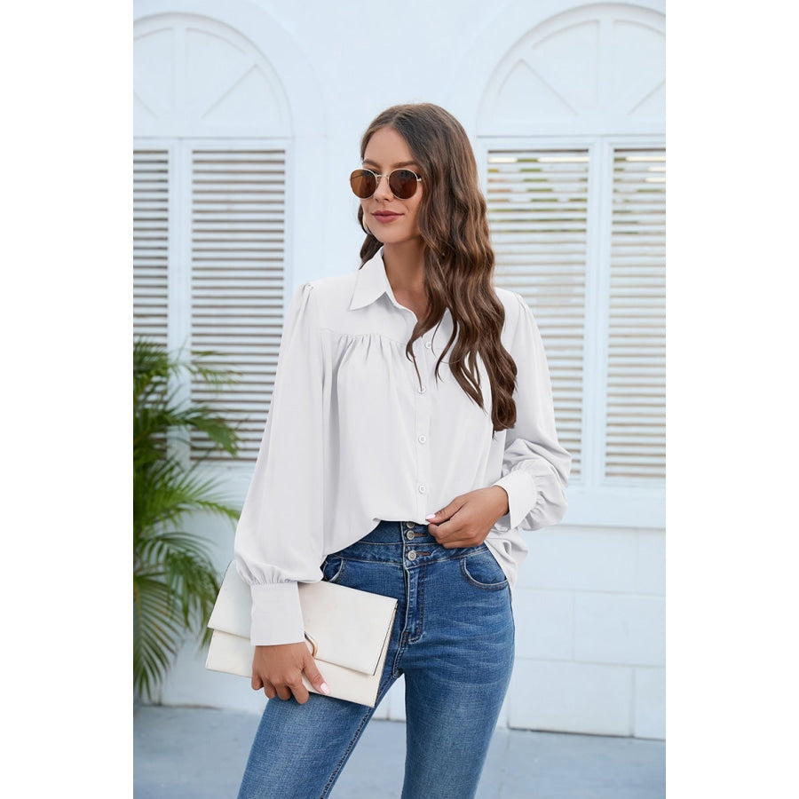 Puff Sleeve Collared Neck Shirt White / S