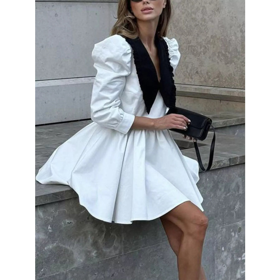 Puff Sleeve Contrast Collar Dress Apparel and Accessories