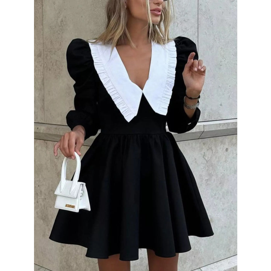 Puff Sleeve Contrast Collar Dress Apparel and Accessories