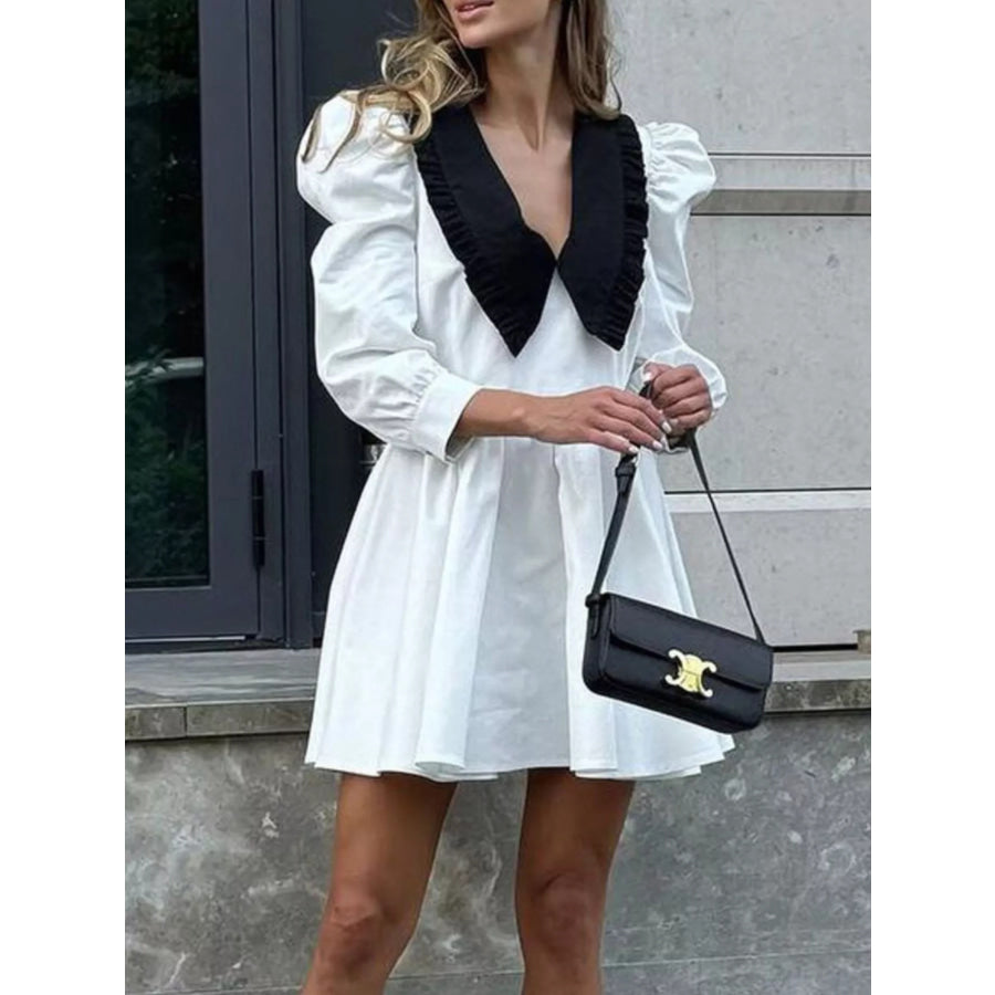 Puff Sleeve Contrast Collar Dress White / S Apparel and Accessories