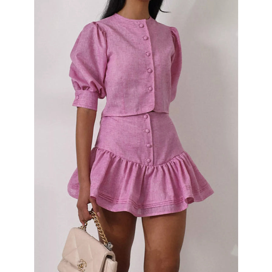 Puff Sleeve Cropped Top and Ruffled Skirt Set Apparel and Accessories
