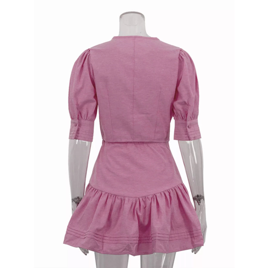 Puff Sleeve Cropped Top and Ruffled Skirt Set Apparel and Accessories